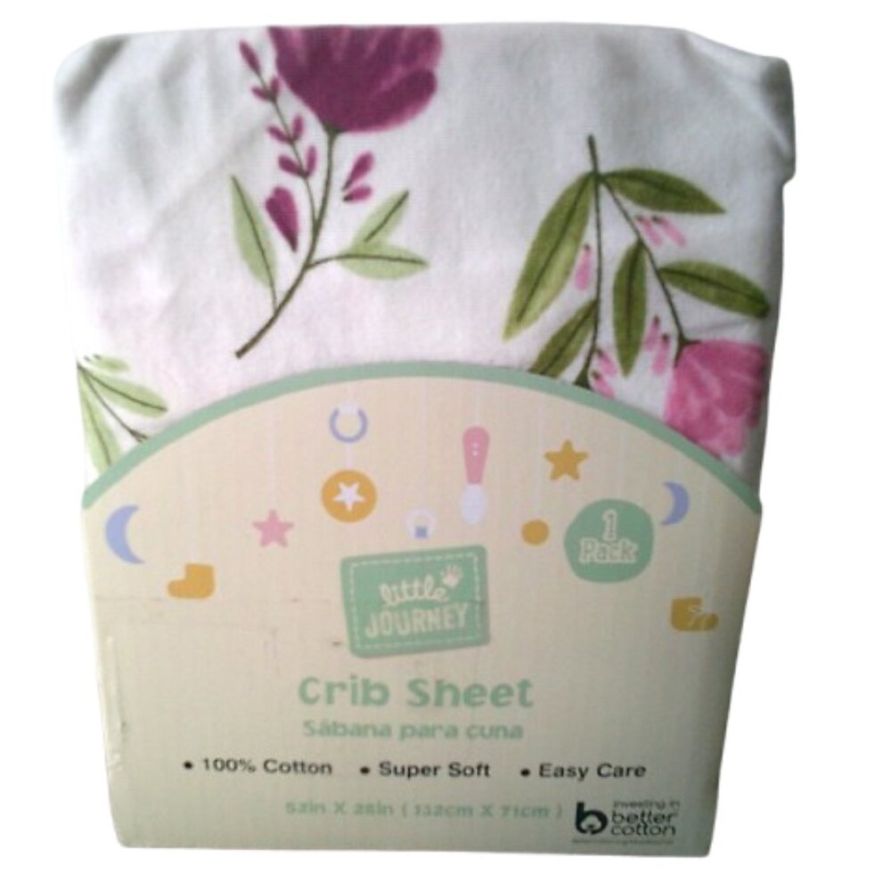 Crib Sheet Fitted Baby Bed Pink Flowers Green Leafs New Organic Cotton 52 X 28